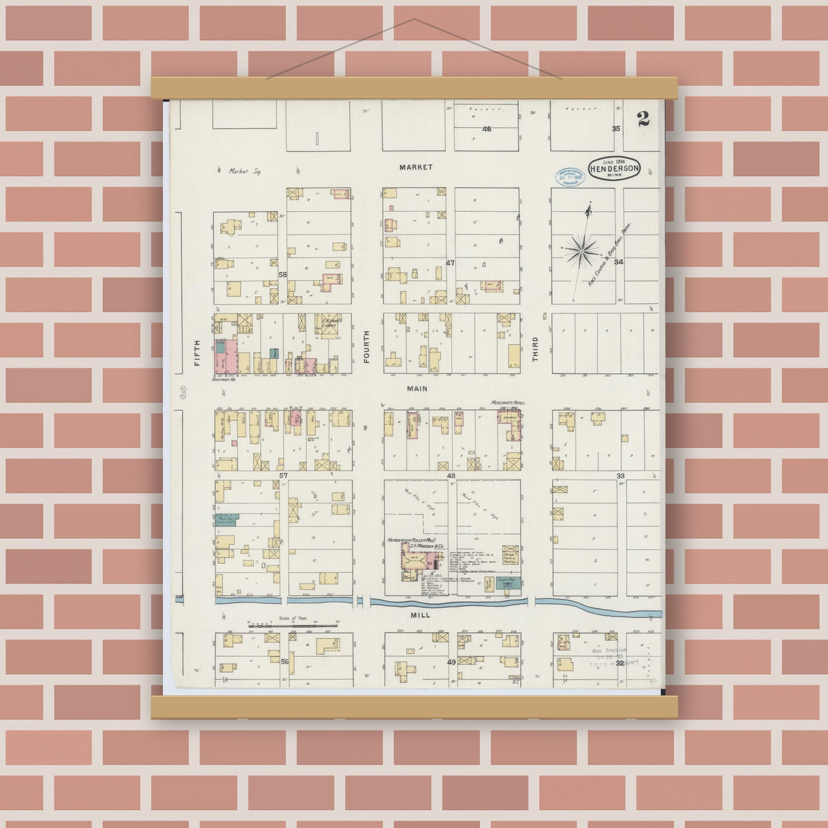 Old map wall art mockup — magnetic wood frame on brick wall — Sanborn Fire Insurance Map from Henderson, Sibley County, Minnesota (1894), Sheet #0002