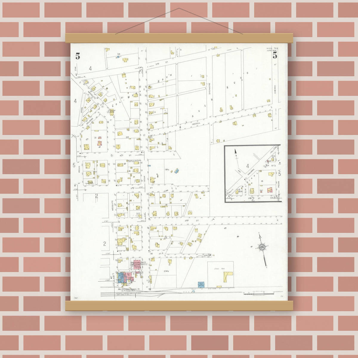 Old map wall art mockup — magnetic wood frame on brick wall — Sanborn Fire Insurance Map from Hico, Hamilton County, Texas (1934), Sheet #0005