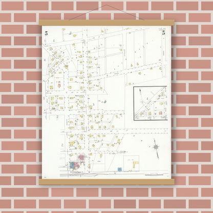 Old map wall art mockup — magnetic wood frame on brick wall — Sanborn Fire Insurance Map from Hico, Hamilton County, Texas (1934), Sheet #0005