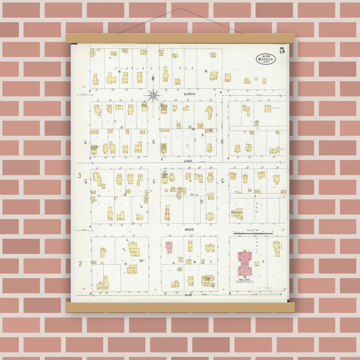 Old map wall art mockup — magnetic wood frame on brick wall — Sanborn Fire Insurance Map from Waseca, Waseca County, Minnesota (1899), Sheet #0005
