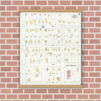 Old map wall art mockup — magnetic wood frame on brick wall — Sanborn Fire Insurance Map from Waseca, Waseca County, Minnesota (1899), Sheet #0005