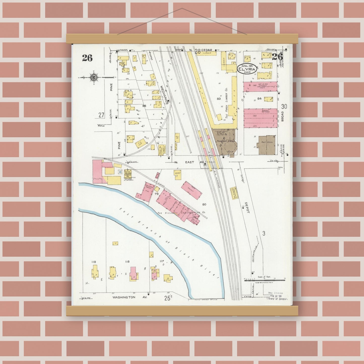 Old map wall art mockup — magnetic wood frame on brick wall — Sanborn Fire Insurance Map from Elyria, Lorain County, Ohio (1925), Sheet #0026