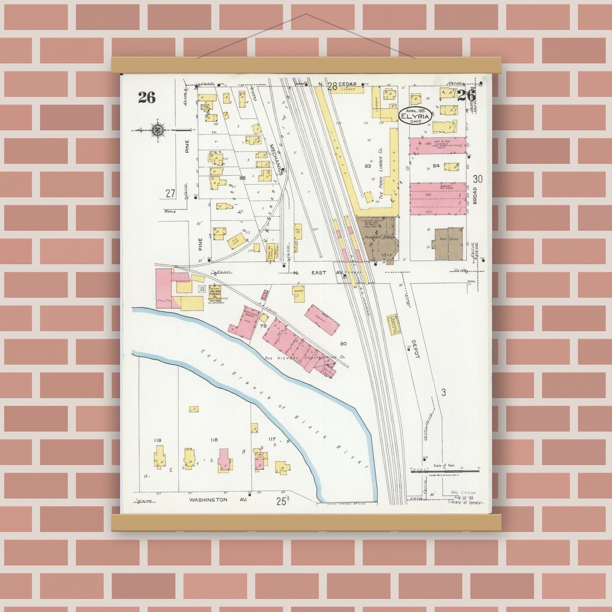 Old map wall art mockup — magnetic wood frame on brick wall — Sanborn Fire Insurance Map from Elyria, Lorain County, Ohio (1925), Sheet #0026