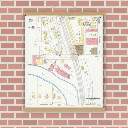 Old map wall art mockup — magnetic wood frame on brick wall — Sanborn Fire Insurance Map from Elyria, Lorain County, Ohio (1925), Sheet #0026