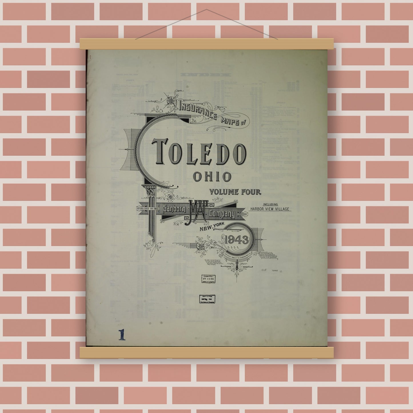 Old map wall art mockup — magnetic wood frame on brick wall — Sanborn Fire Insurance Map from Toledo, Lucas County, Ohio (1943), Sheet #0001