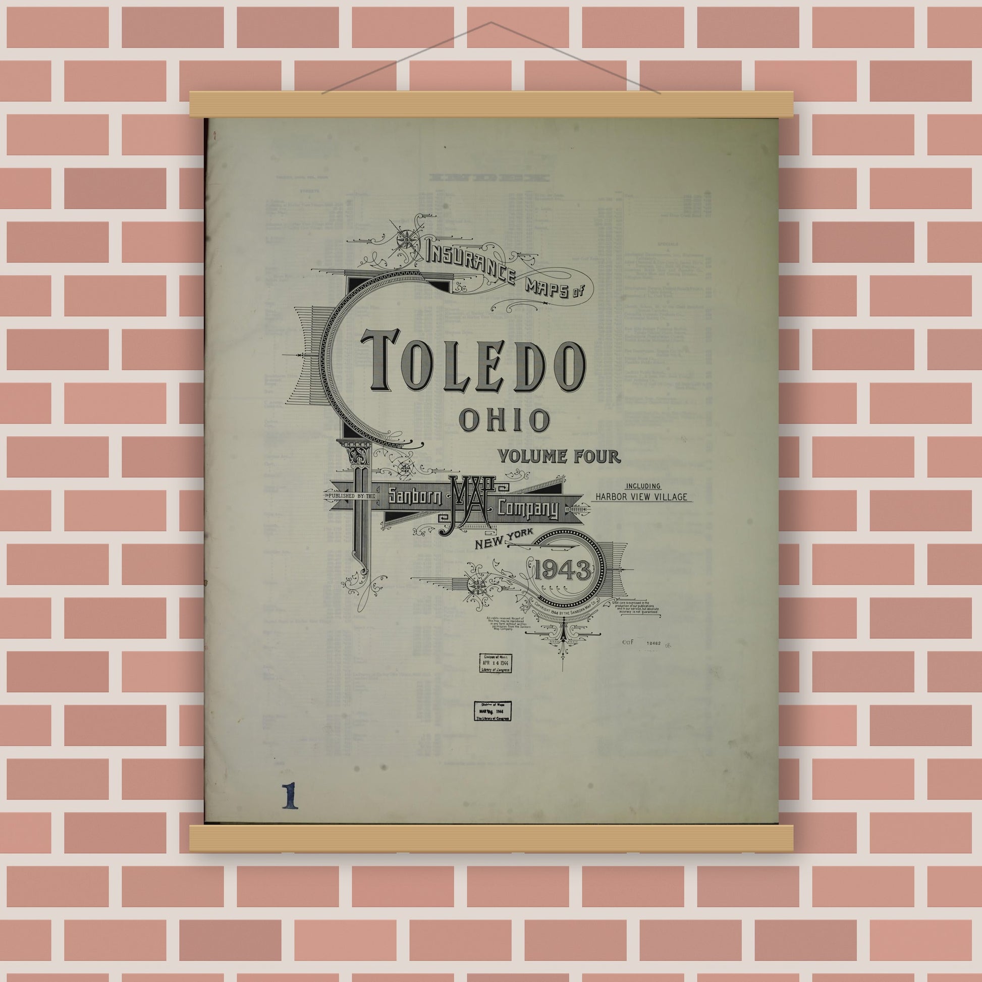Old map wall art mockup — magnetic wood frame on brick wall — Sanborn Fire Insurance Map from Toledo, Lucas County, Ohio (1943), Sheet #0001