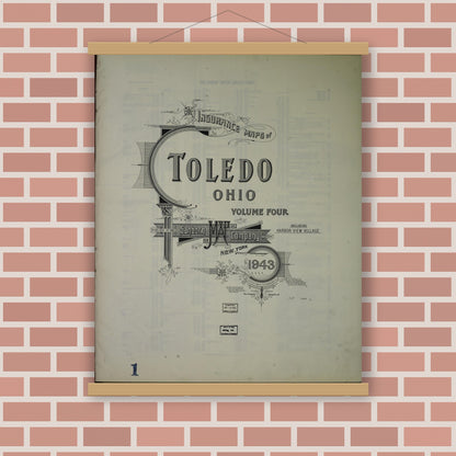 Old map wall art mockup — magnetic wood frame on brick wall — Sanborn Fire Insurance Map from Toledo, Lucas County, Ohio (1943), Sheet #0001