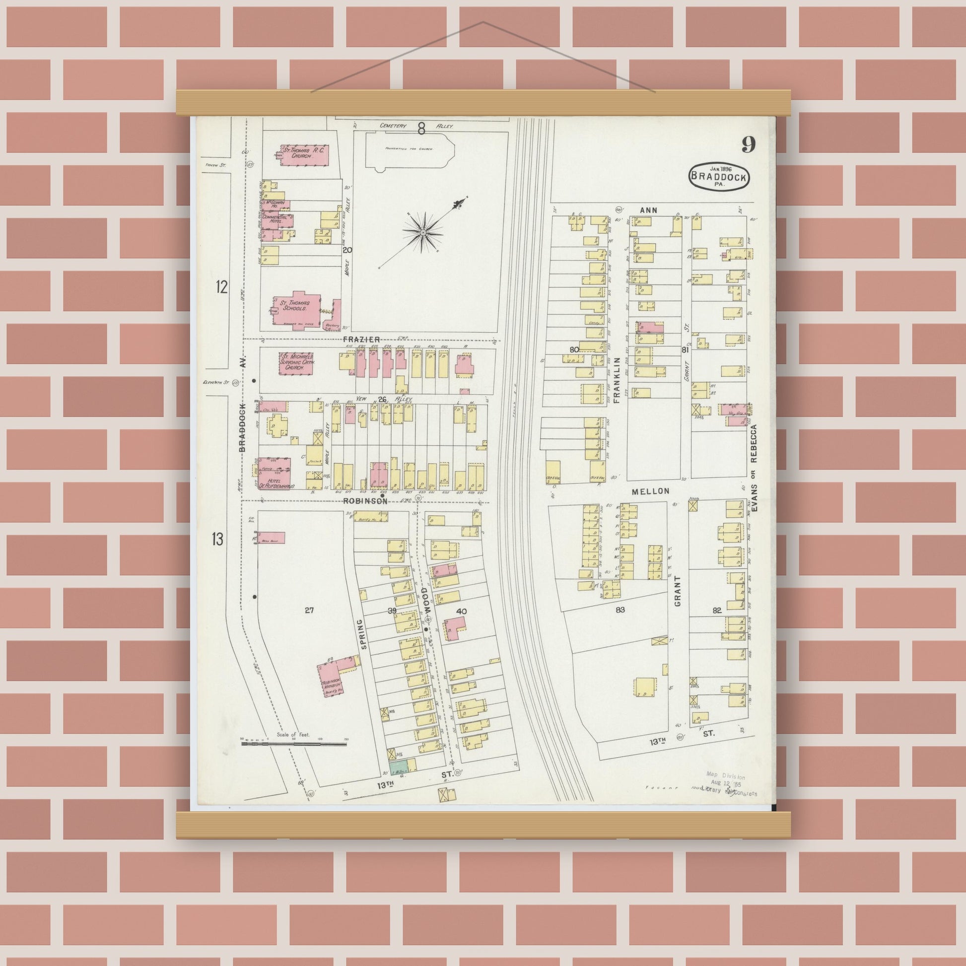 Old map wall art mockup — magnetic wood frame on brick wall — Sanborn Fire Insurance Map from Braddock, Allegheny County, Pennsylvania (1896), Sheet #0009