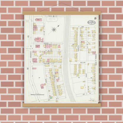 Old map wall art mockup — magnetic wood frame on brick wall — Sanborn Fire Insurance Map from Braddock, Allegheny County, Pennsylvania (1896), Sheet #0009