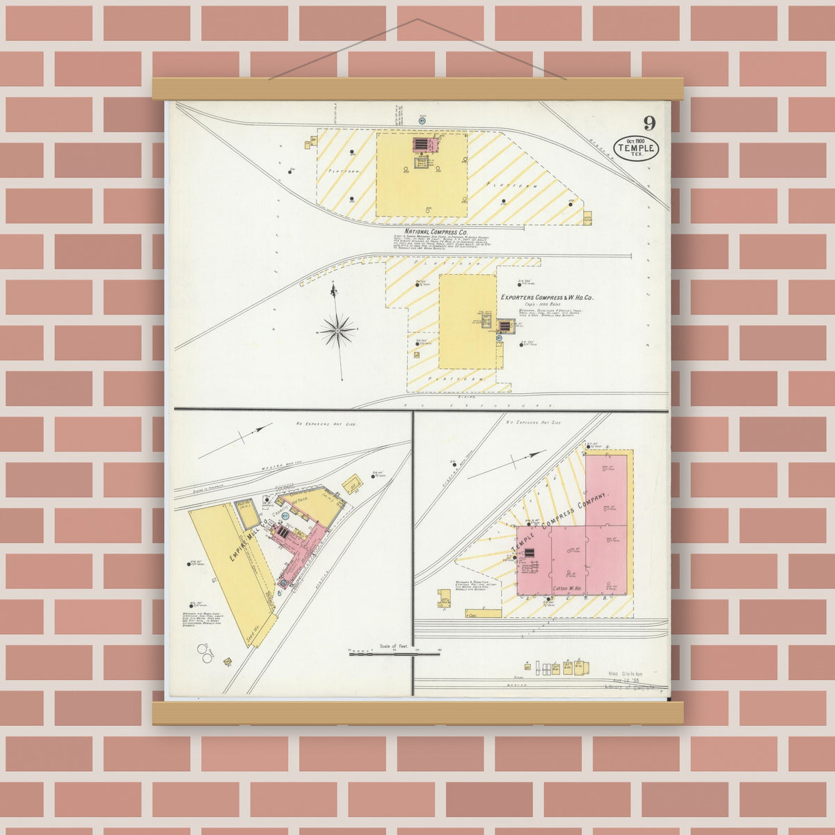 Old map wall art mockup — magnetic wood frame on brick wall — Sanborn Fire Insurance Map from Temple, Bell County, Texas (1900), Sheet #0009