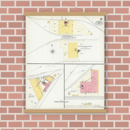 Old map wall art mockup — magnetic wood frame on brick wall — Sanborn Fire Insurance Map from Temple, Bell County, Texas (1900), Sheet #0009