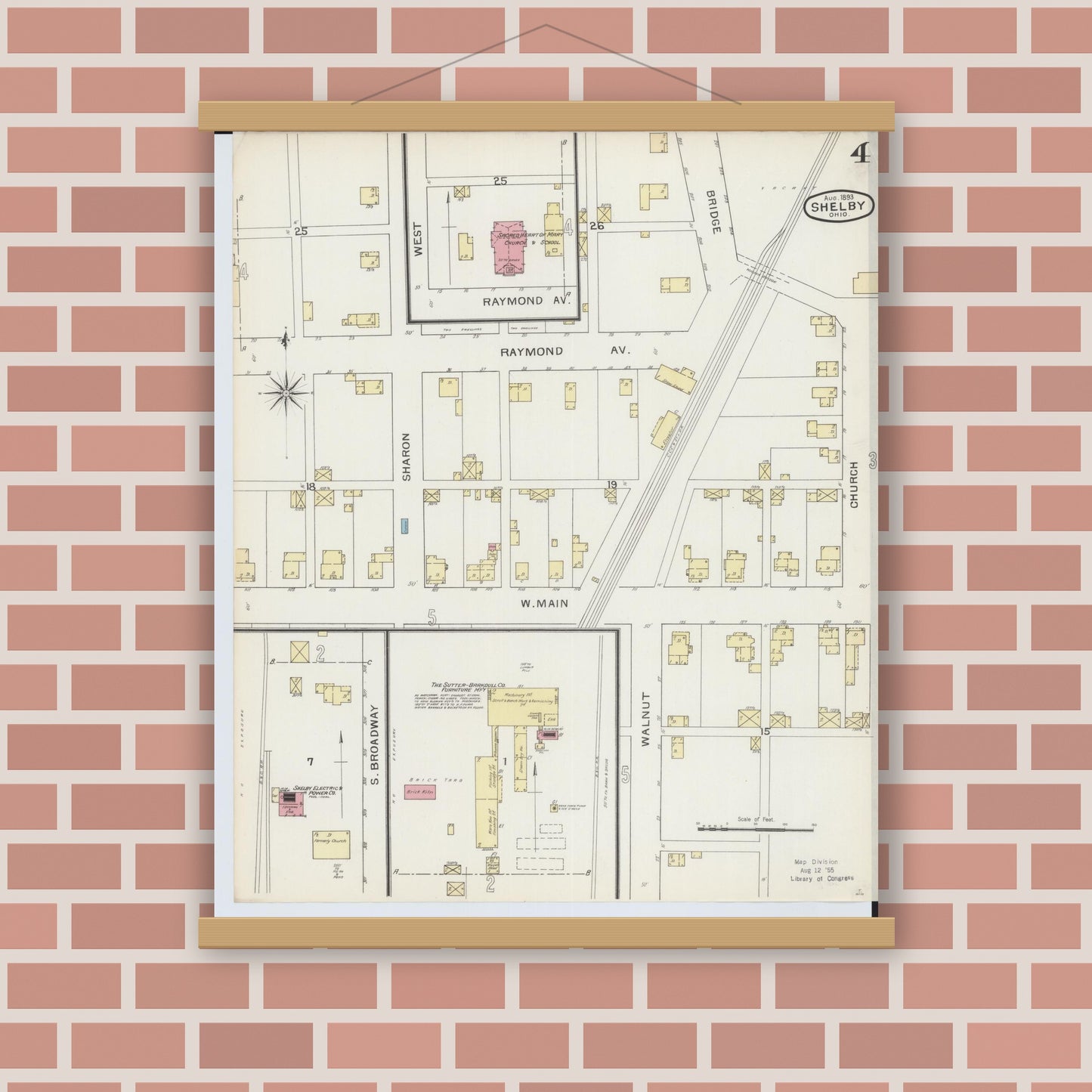 Old map wall art mockup — magnetic wood frame on brick wall — Sanborn Fire Insurance Map from Shelby, Richland County, Ohio (1893), Sheet #0004