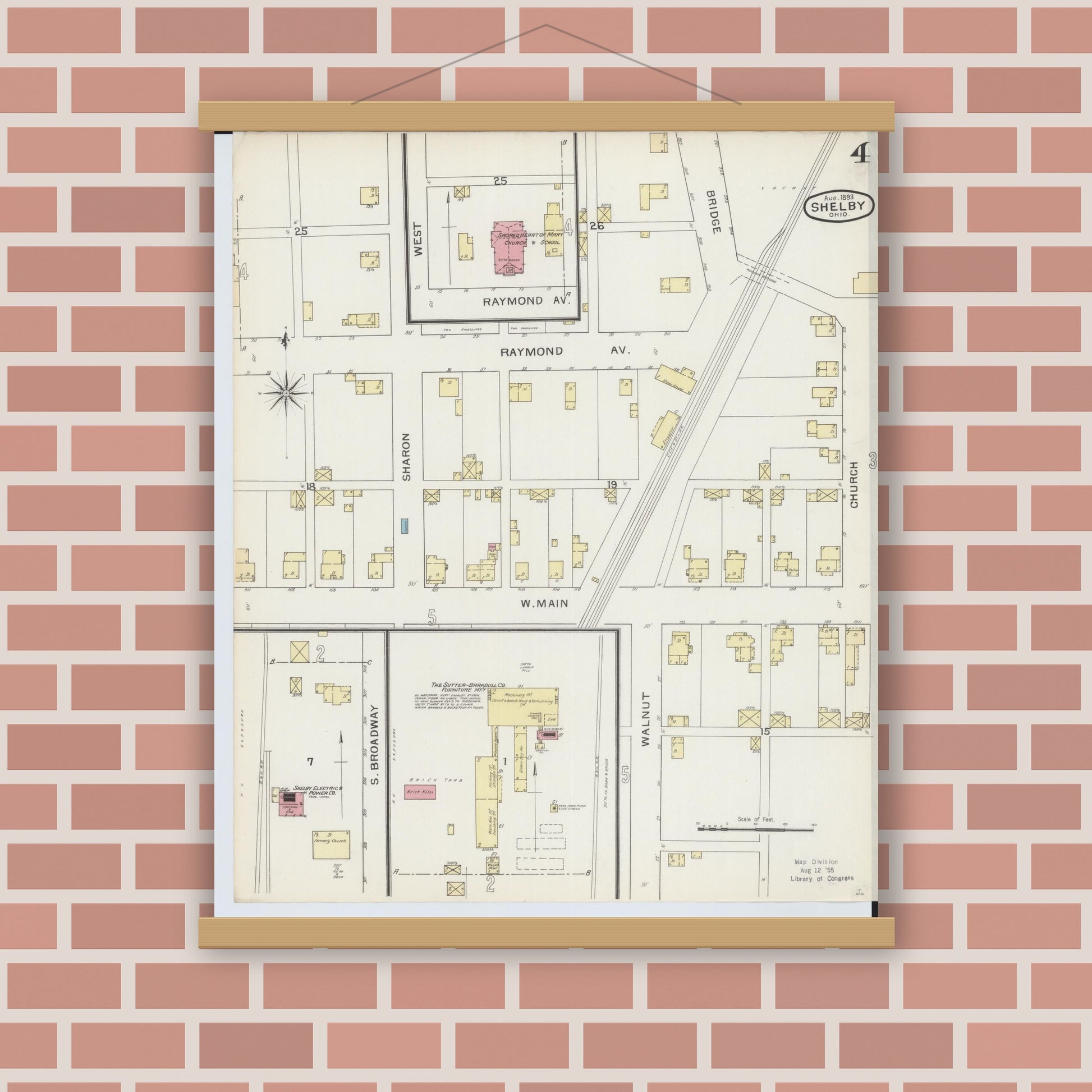 Old map wall art mockup — magnetic wood frame on brick wall — Sanborn Fire Insurance Map from Shelby, Richland County, Ohio (1893), Sheet #0004