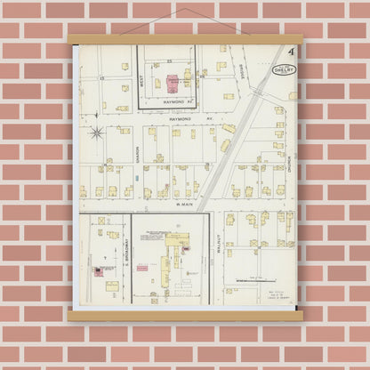 Old map wall art mockup — magnetic wood frame on brick wall — Sanborn Fire Insurance Map from Shelby, Richland County, Ohio (1893), Sheet #0004