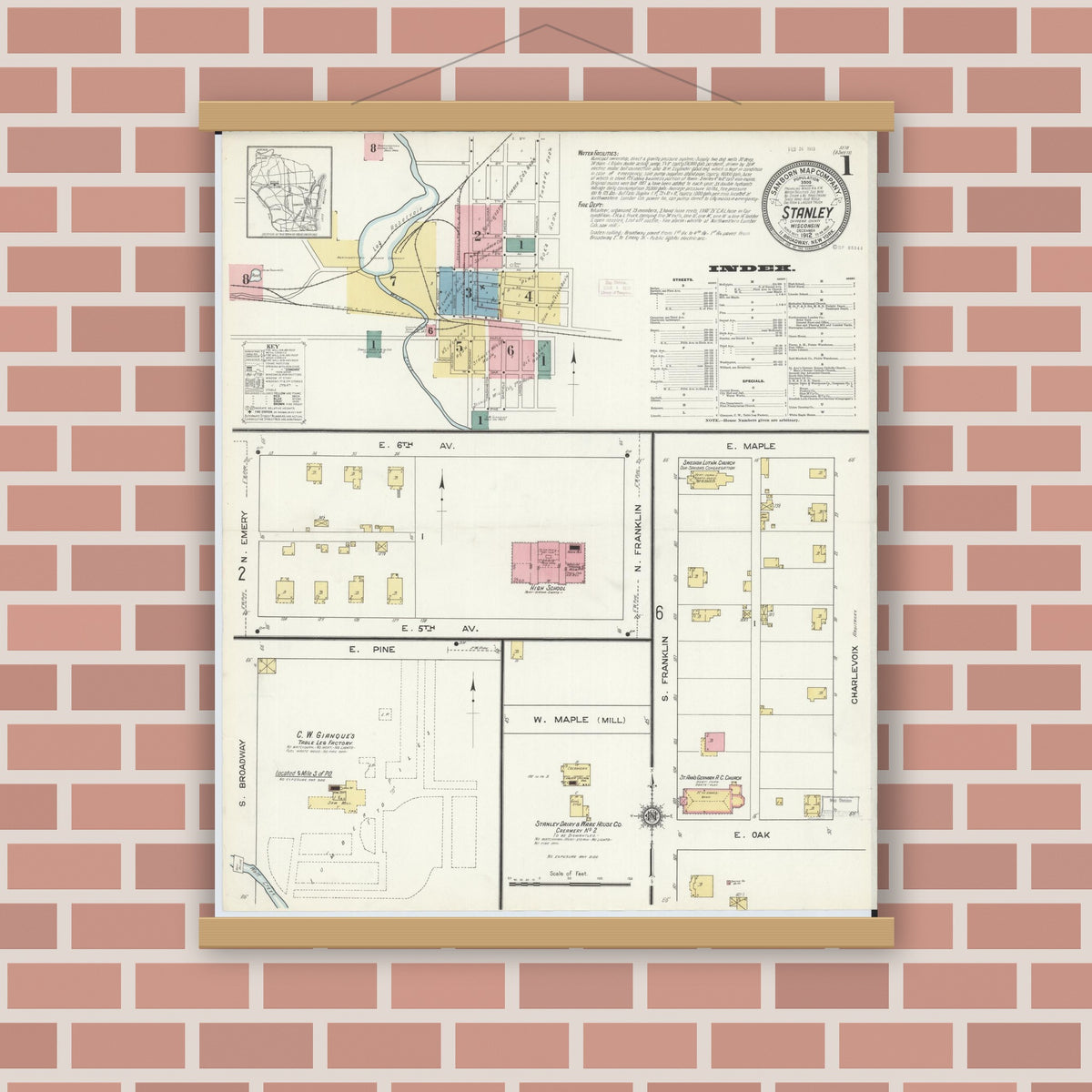 Old map wall art mockup — magnetic wood frame on brick wall — Sanborn Fire Insurance Map from Stanley, Chippewa County, Wisconsin (1912) - Complete Map Set