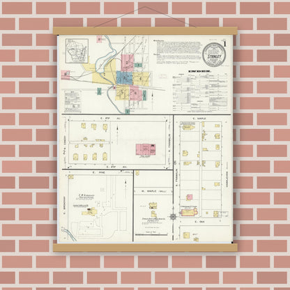 Old map wall art mockup — magnetic wood frame on brick wall — Sanborn Fire Insurance Map from Stanley, Chippewa County, Wisconsin (1912) - Complete Map Set