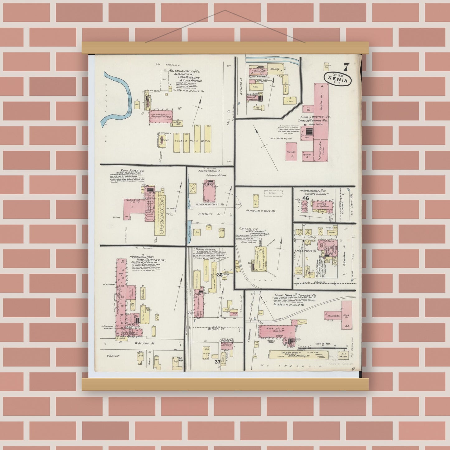 Old map wall art mockup — magnetic wood frame on brick wall — Sanborn Fire Insurance Map from Xenia, Greene County, Ohio (1890), Sheet #0007