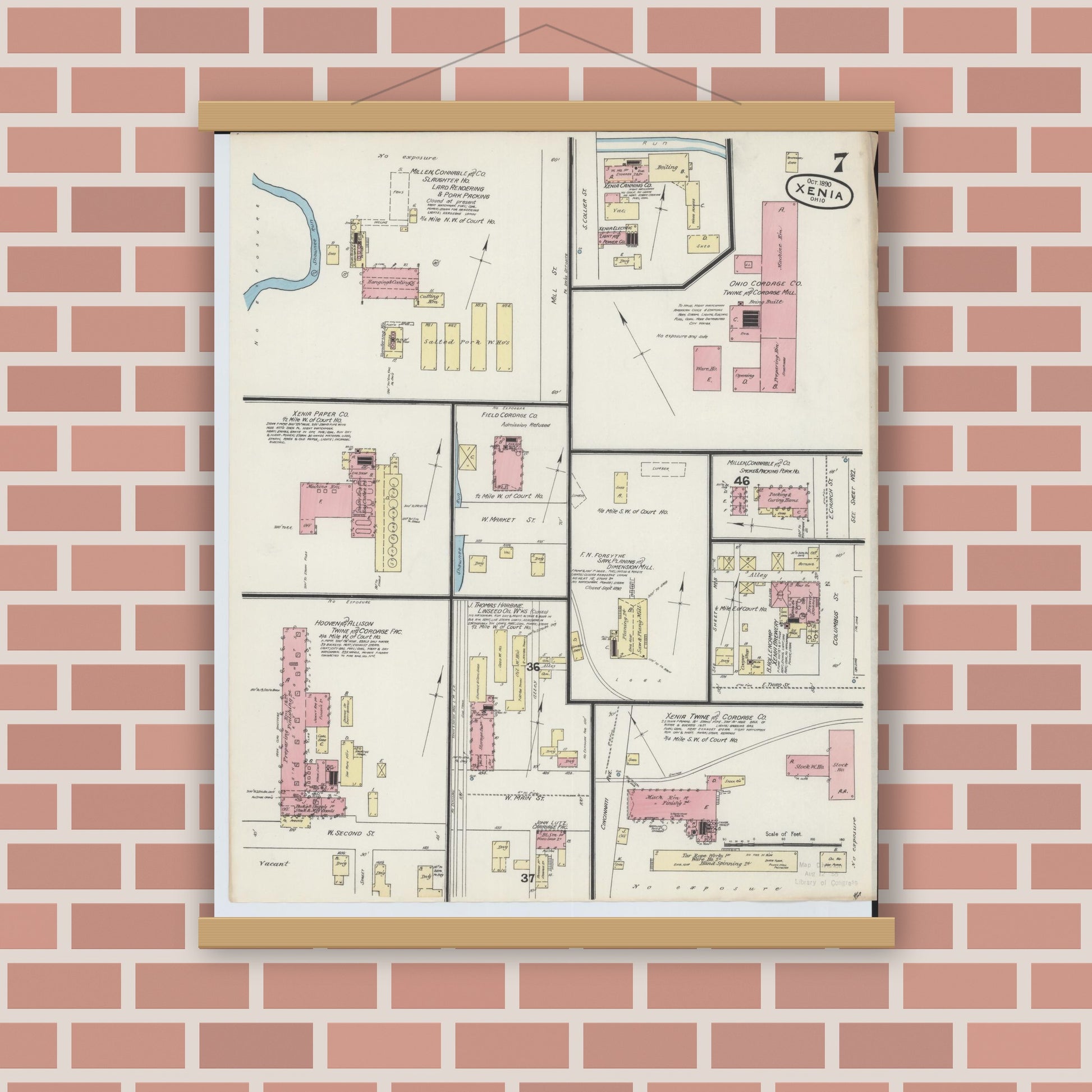 Old map wall art mockup — magnetic wood frame on brick wall — Sanborn Fire Insurance Map from Xenia, Greene County, Ohio (1890), Sheet #0007