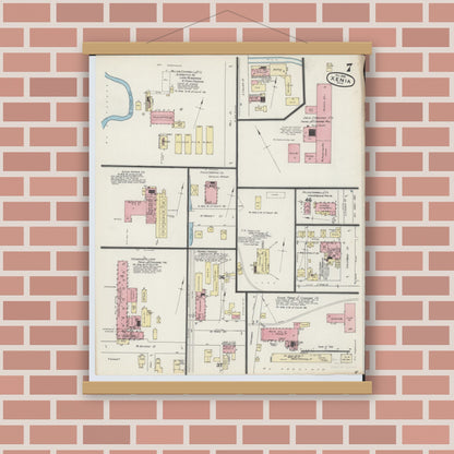 Old map wall art mockup — magnetic wood frame on brick wall — Sanborn Fire Insurance Map from Xenia, Greene County, Ohio (1890), Sheet #0007