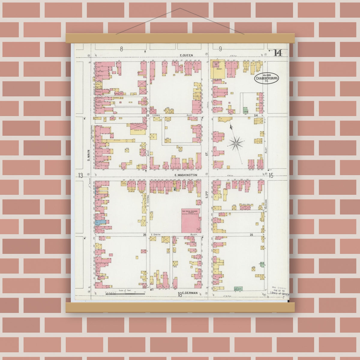 Old map wall art mockup — magnetic wood frame on brick wall — Sanborn Fire Insurance Map from Chambersburg, Franklin County, Pennsylvania (1899), Sheet #0014
