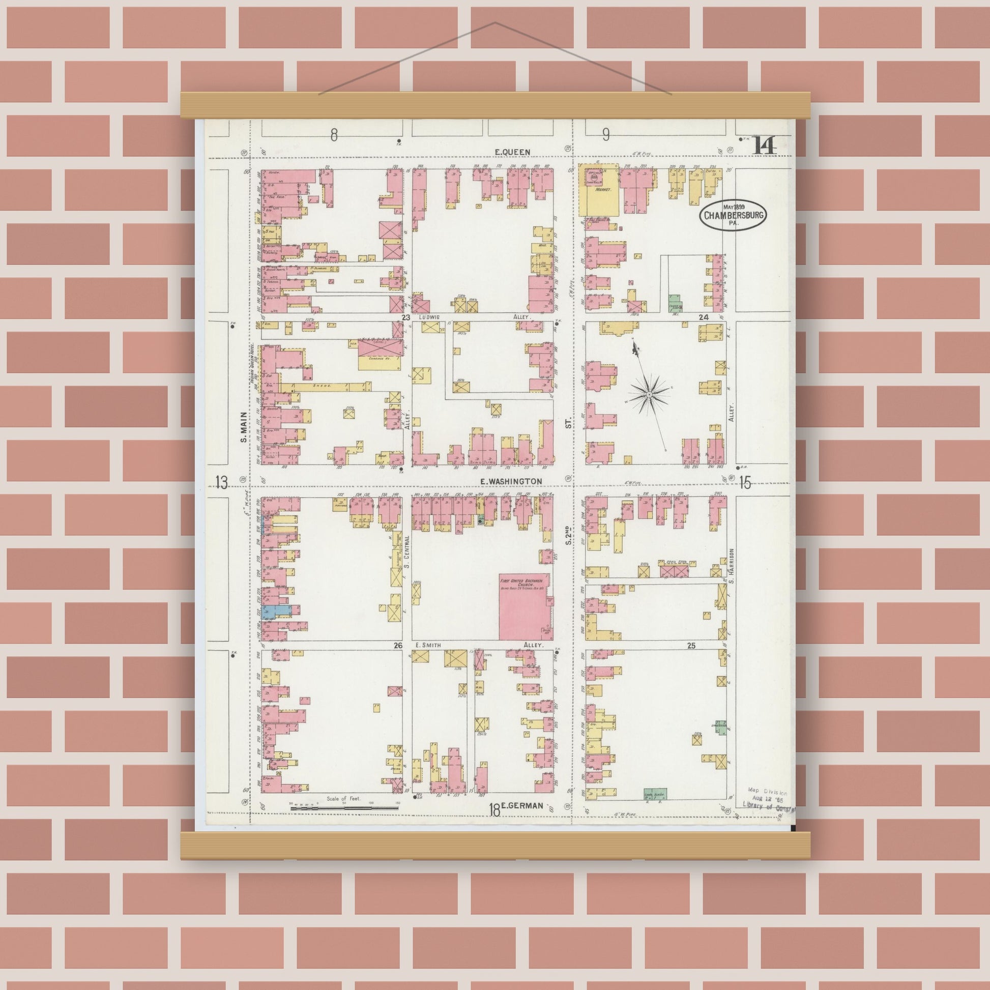 Old map wall art mockup — magnetic wood frame on brick wall — Sanborn Fire Insurance Map from Chambersburg, Franklin County, Pennsylvania (1899), Sheet #0014