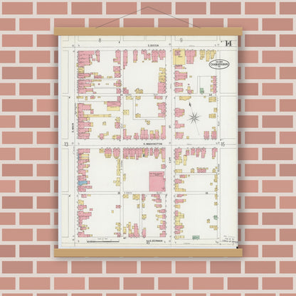 Old map wall art mockup — magnetic wood frame on brick wall — Sanborn Fire Insurance Map from Chambersburg, Franklin County, Pennsylvania (1899), Sheet #0014