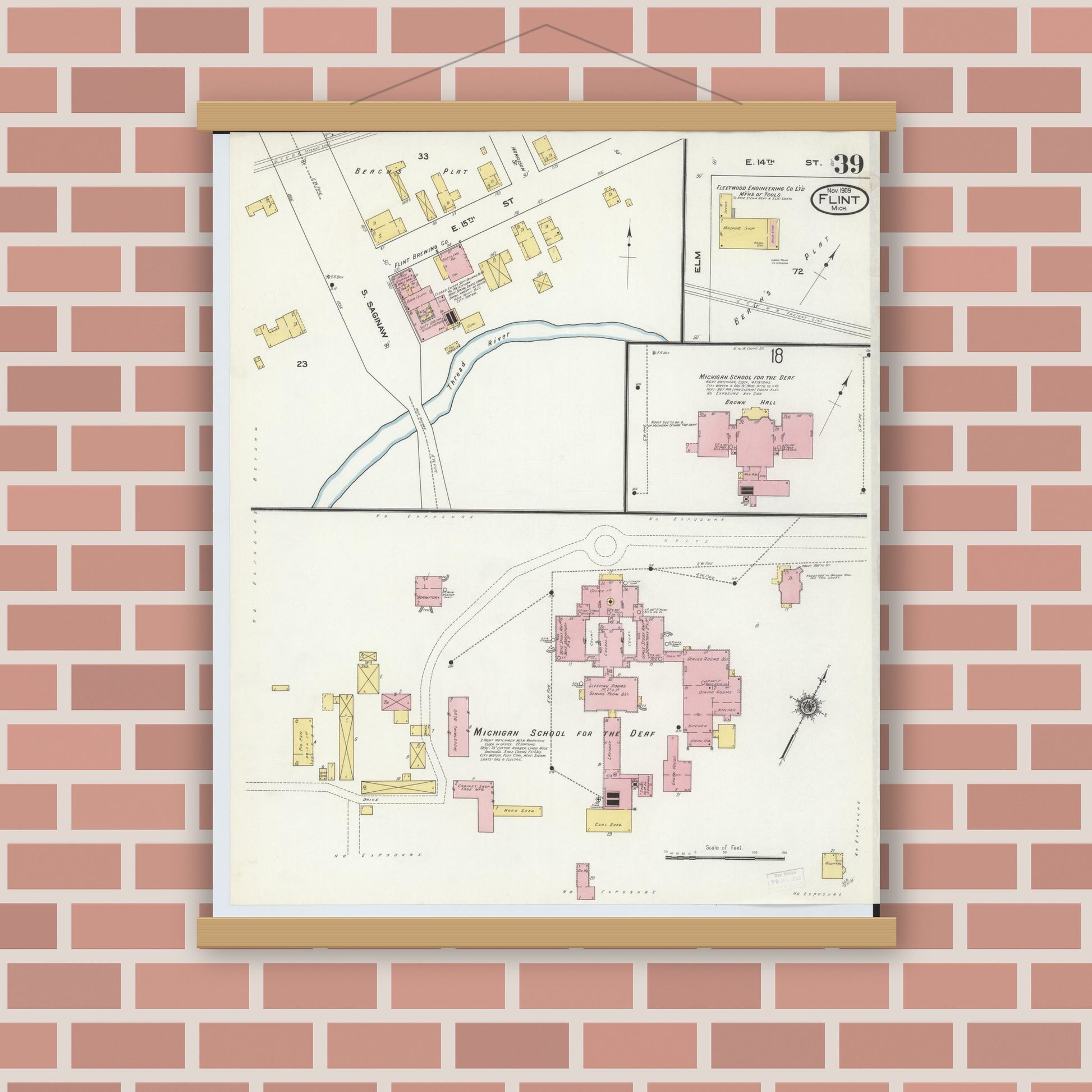 Old map wall art mockup — magnetic wood frame on brick wall — Sanborn Fire Insurance Map from Flint, Genesee County, Michigan (1909), Sheet #0039