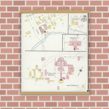 Old map wall art mockup — magnetic wood frame on brick wall — Sanborn Fire Insurance Map from Flint, Genesee County, Michigan (1909), Sheet #0039