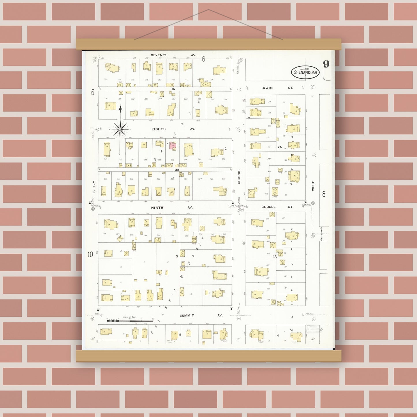 Old map wall art mockup — magnetic wood frame on brick wall — Sanborn Fire Insurance Map from Shenandoah, Page County, Iowa (1909), Sheet #0009