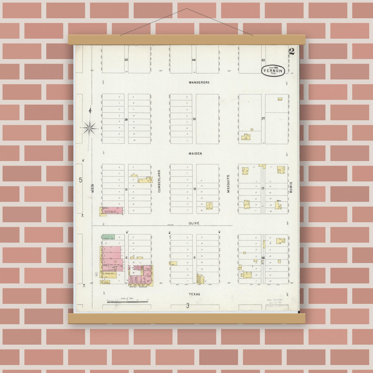 Old map wall art mockup — magnetic wood frame on brick wall — Sanborn Fire Insurance Map from Vernon, Wilbarger County, Texas (1896), Sheet #0002