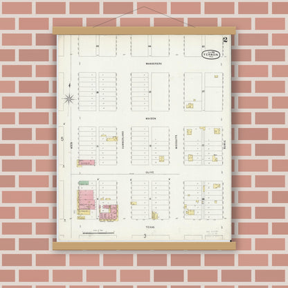 Old map wall art mockup — magnetic wood frame on brick wall — Sanborn Fire Insurance Map from Vernon, Wilbarger County, Texas (1896), Sheet #0002