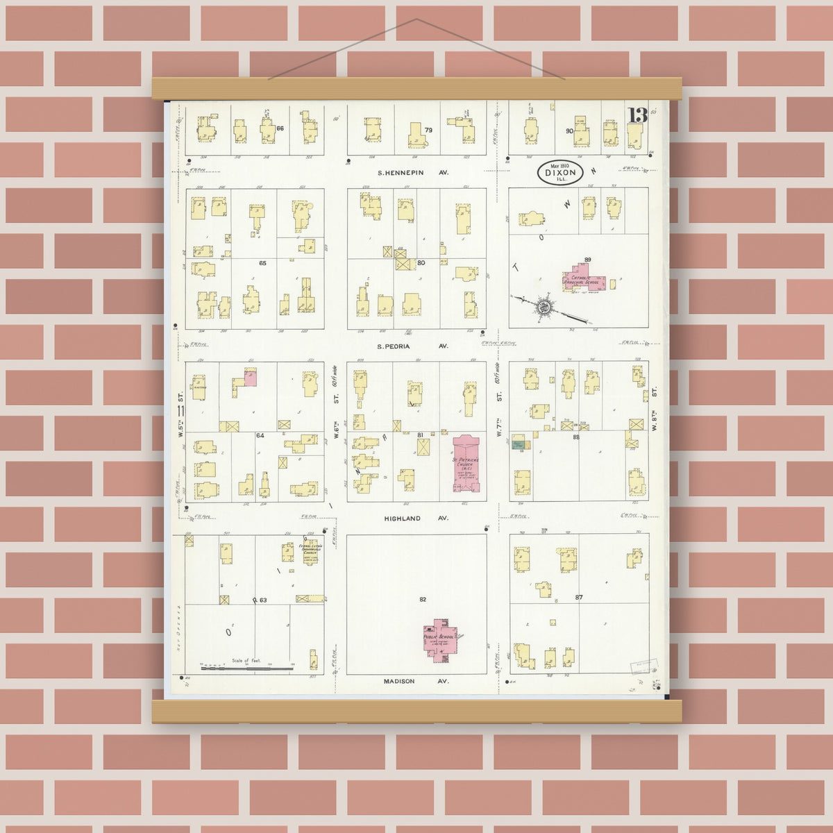 Old map wall art mockup — magnetic wood frame on brick wall — Sanborn Fire Insurance Map from Dixon, Lee County, Illinois (1910), Sheet #0013