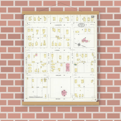 Old map wall art mockup — magnetic wood frame on brick wall — Sanborn Fire Insurance Map from Dixon, Lee County, Illinois (1910), Sheet #0013