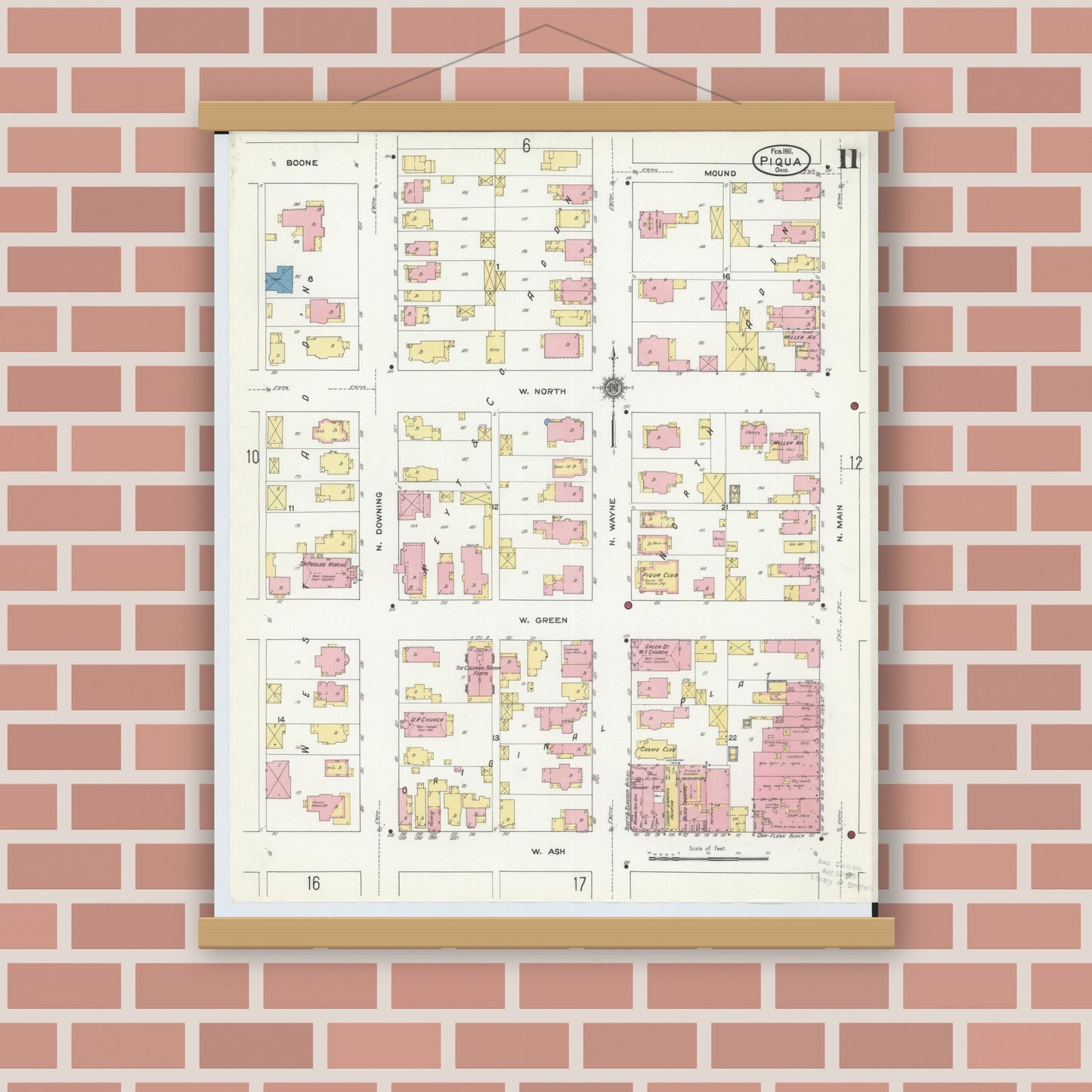 Old map wall art mockup — magnetic wood frame on brick wall — Sanborn Fire Insurance Map from Piqua, Miami County, Ohio (1911), Sheet #0011
