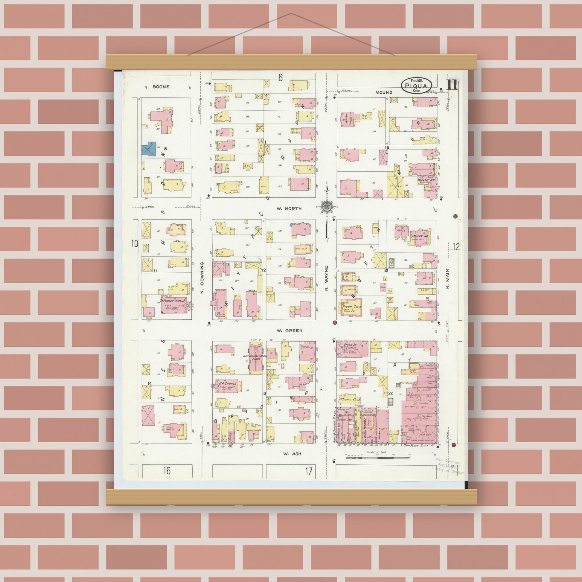 Old map wall art mockup — magnetic wood frame on brick wall — Sanborn Fire Insurance Map from Piqua, Miami County, Ohio (1911), Sheet #0011