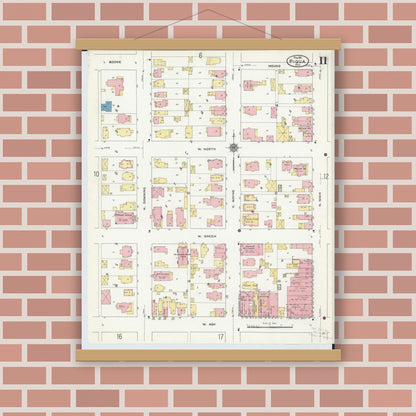 Old map wall art mockup — magnetic wood frame on brick wall — Sanborn Fire Insurance Map from Piqua, Miami County, Ohio (1911), Sheet #0011