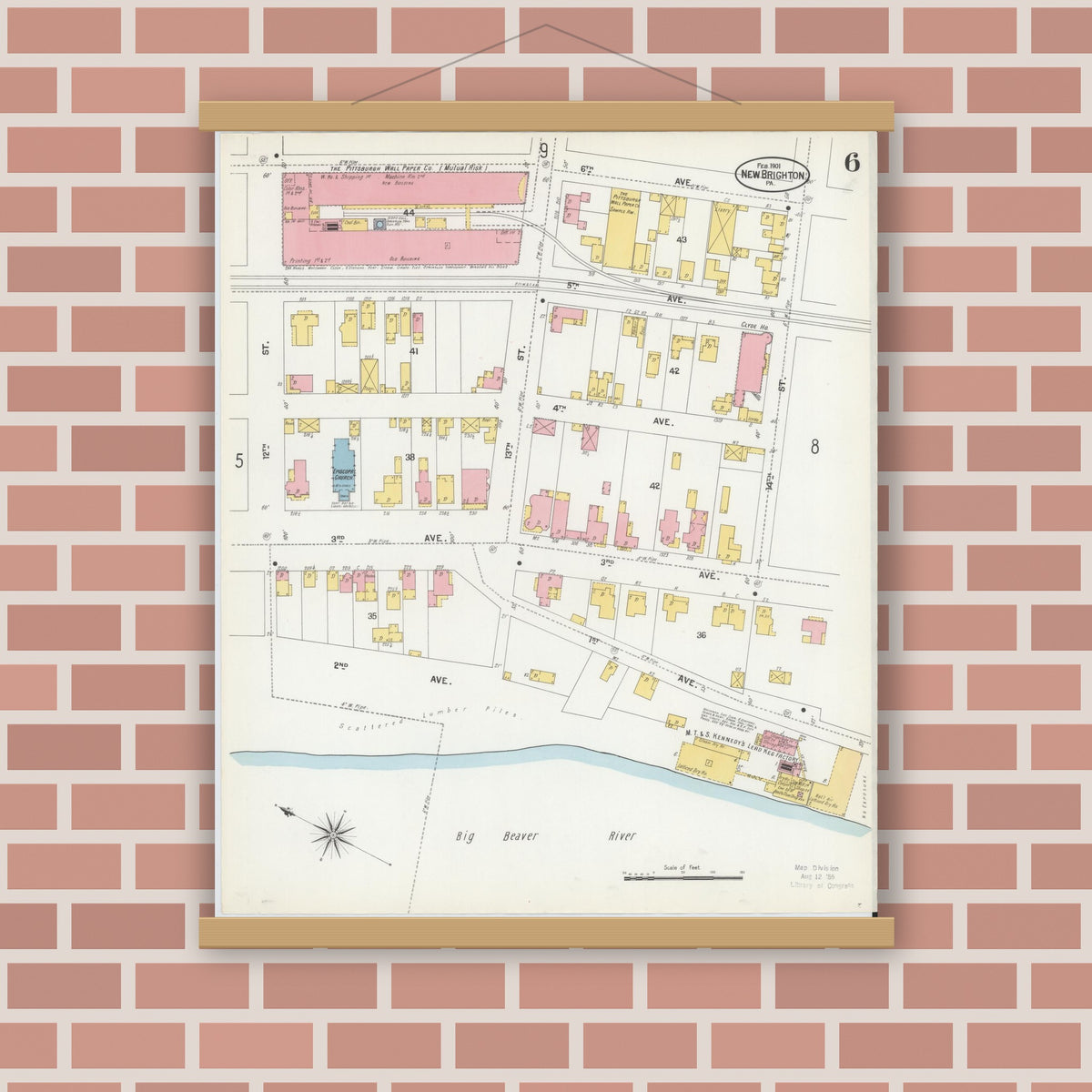 Old map wall art mockup — magnetic wood frame on brick wall — Sanborn Fire Insurance Map from New Brighton, Beaver County, Pennsylvania (1901), Sheet #0006