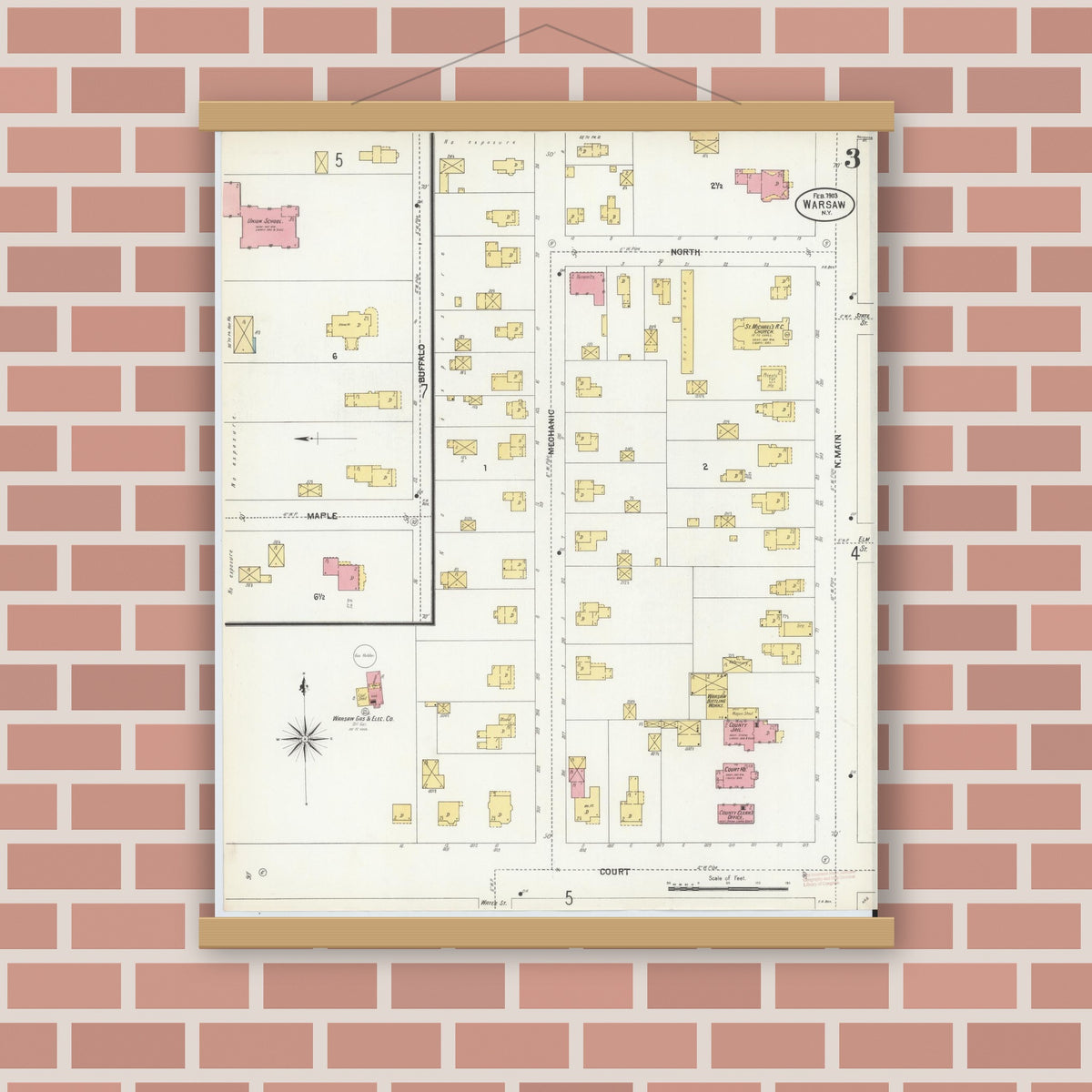 Old map wall art mockup — magnetic wood frame on brick wall — Sanborn Fire Insurance Map from Warsaw, Wyoming County, New York (1903), Sheet #0003