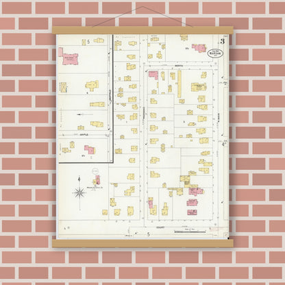 Old map wall art mockup — magnetic wood frame on brick wall — Sanborn Fire Insurance Map from Warsaw, Wyoming County, New York (1903), Sheet #0003