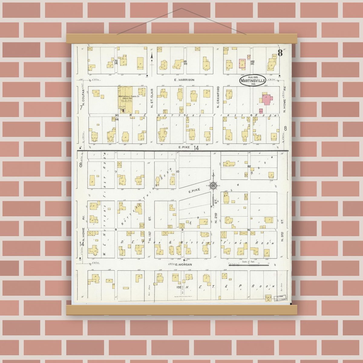 Old map wall art mockup — magnetic wood frame on brick wall — Sanborn Fire Insurance Map from Martinsville, Morgan County, Indiana (1916), Sheet #0008