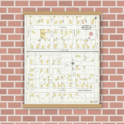 Old map wall art mockup — magnetic wood frame on brick wall — Sanborn Fire Insurance Map from Martinsville, Morgan County, Indiana (1916), Sheet #0008