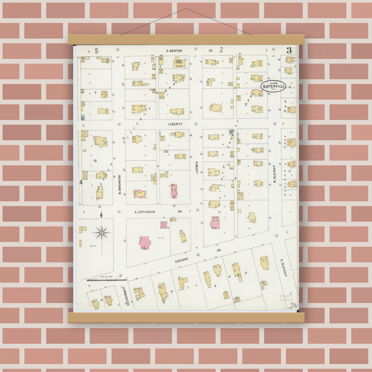 Old map wall art mockup — magnetic wood frame on brick wall — Sanborn Fire Insurance Map from Naperville, Du Page County, Illinois (1898), Sheet #0003