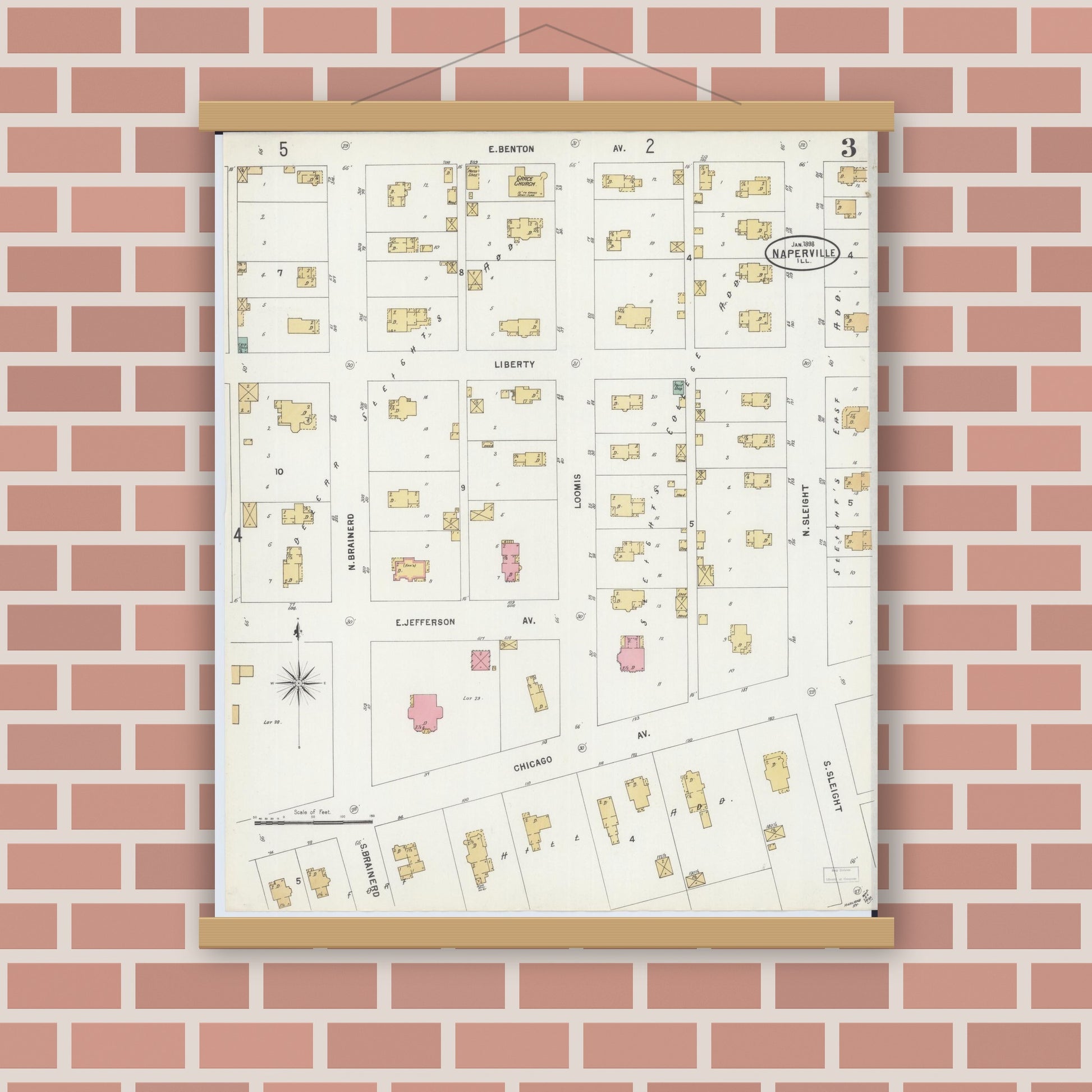 Old map wall art mockup — magnetic wood frame on brick wall — Sanborn Fire Insurance Map from Naperville, Du Page County, Illinois (1898), Sheet #0003