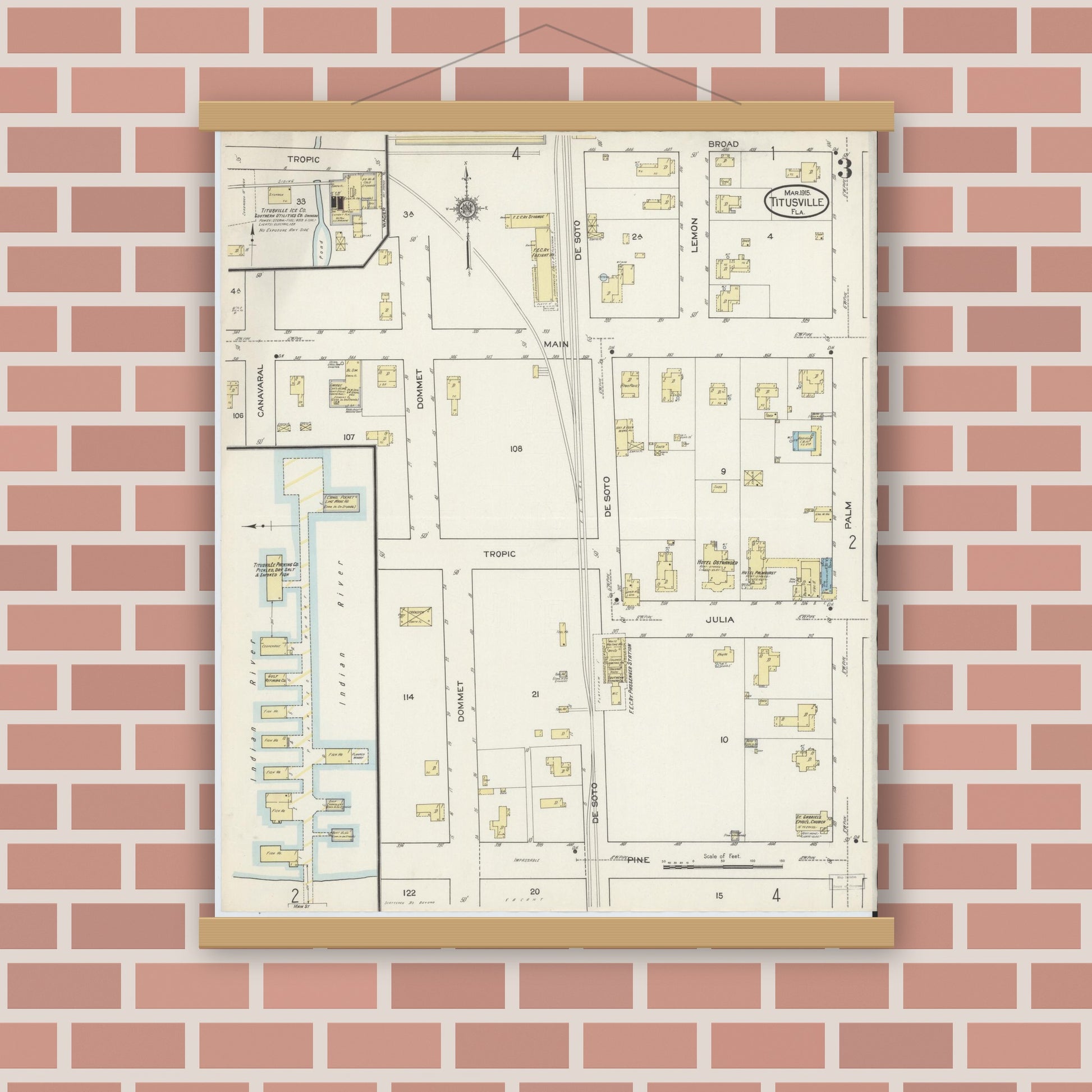 Old map wall art mockup — magnetic wood frame on brick wall — Sanborn Fire Insurance Map from Titusville, Brevard County, Florida (1915), Sheet #0003