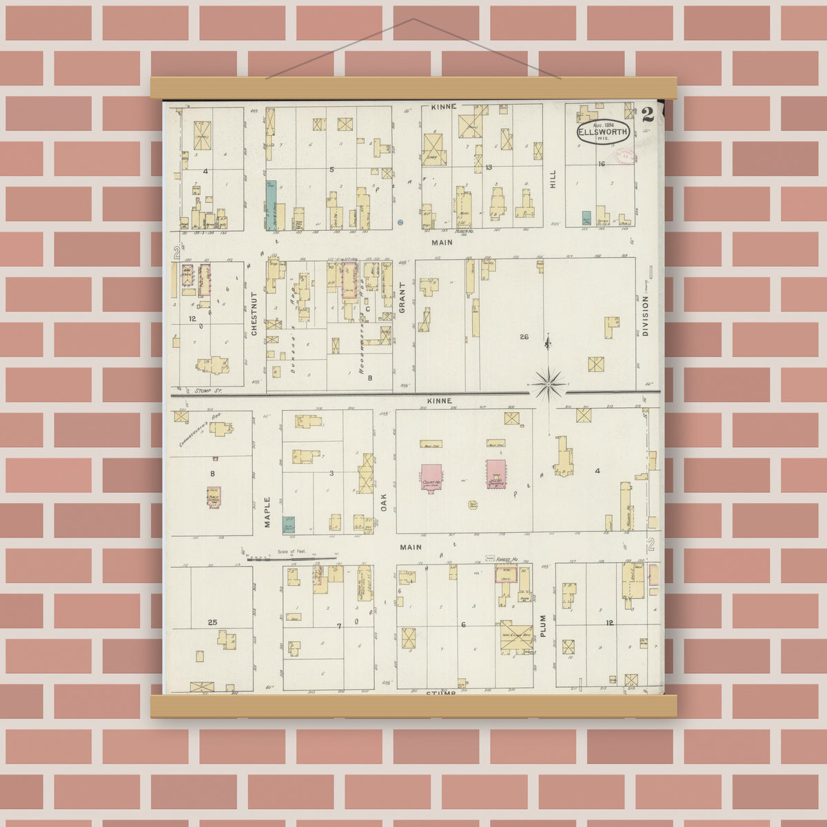 Old map wall art mockup — magnetic wood frame on brick wall — Sanborn Fire Insurance Map from Ellsworth, Pierce County, Wisconsin (1894), Sheet #0002