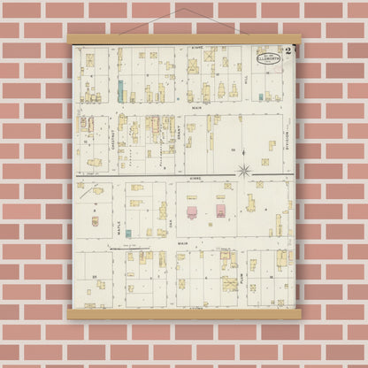 Old map wall art mockup — magnetic wood frame on brick wall — Sanborn Fire Insurance Map from Ellsworth, Pierce County, Wisconsin (1894), Sheet #0002