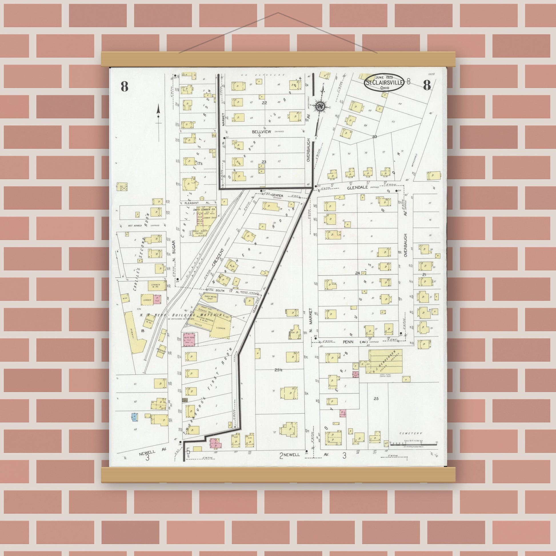 Old map wall art mockup — magnetic wood frame on brick wall — Sanborn Fire Insurance Map from Saint Clairsville, Belmont County, Ohio (1929), Sheet #0008