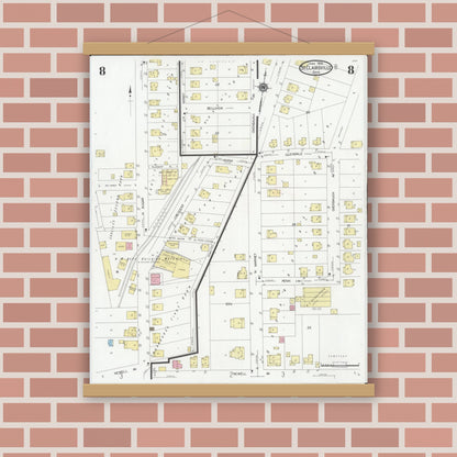 Old map wall art mockup — magnetic wood frame on brick wall — Sanborn Fire Insurance Map from Saint Clairsville, Belmont County, Ohio (1929), Sheet #0008