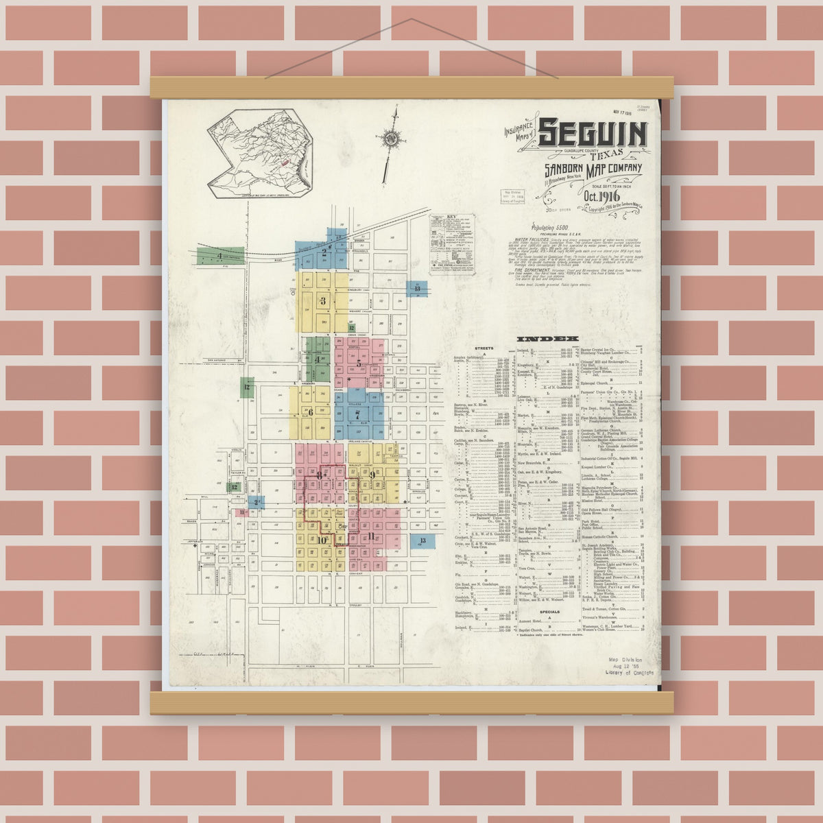 Old map wall art mockup — magnetic wood frame on brick wall — Sanborn Fire Insurance Map from Seguin, Guadalupe County, Texas (1916) - Complete Map Set