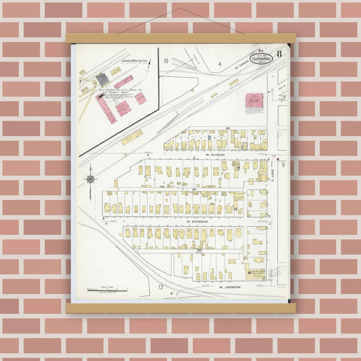 Old map wall art mockup — magnetic wood frame on brick wall — Sanborn Fire Insurance Map from Ishpeming, Marquette County, Michigan (1917), Sheet #0008